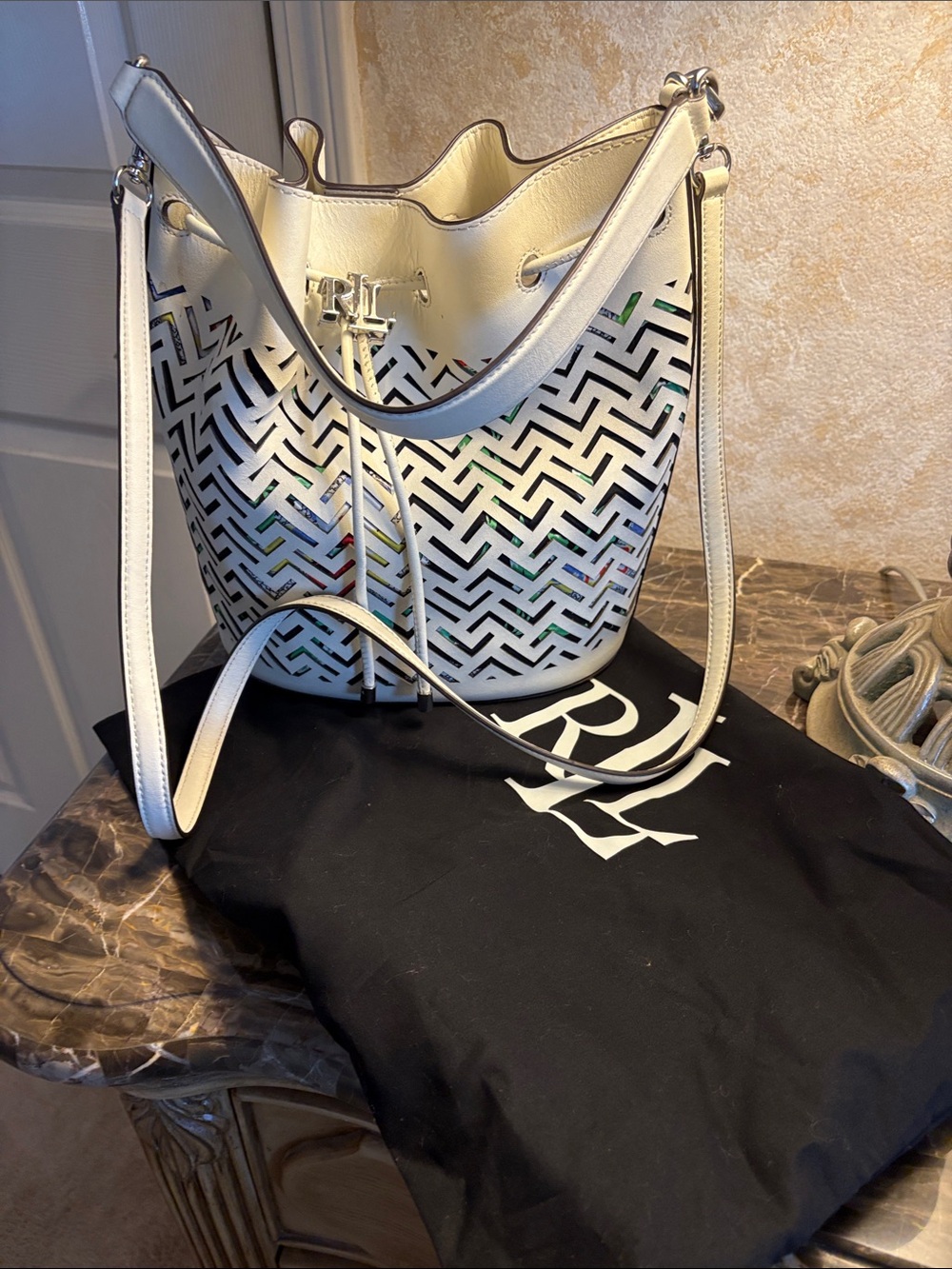 Ralph Lauren White Laser-Cut Bucket Shoulder Bag with Multicolor Underlay